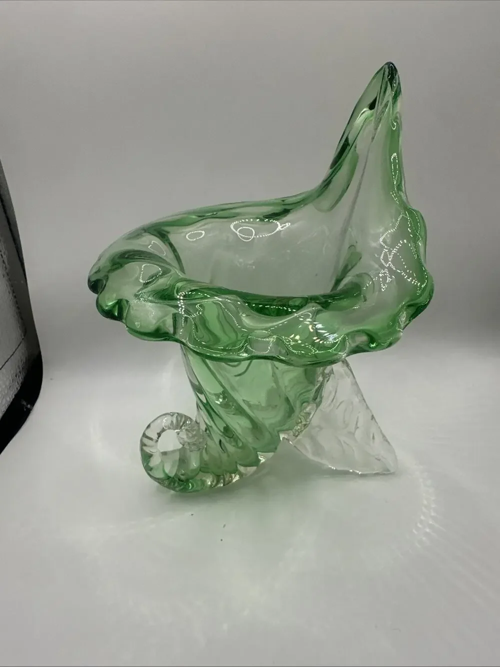 Vtg Murano Jack n Pulpit Green To Clear Blown Glass Upright Horn Vase-7
